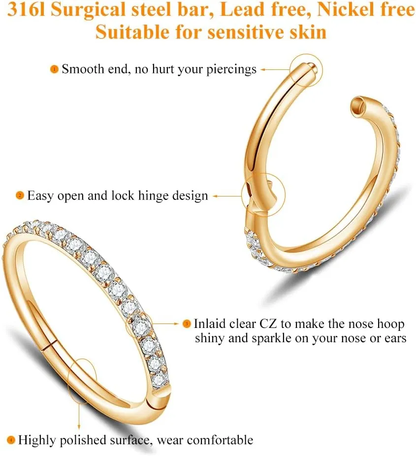 MissNity 20G, 18G, 16G, 14G Hinged Nose Rings Hoop with Gem in 316L Surgical Steel, Septum Clicker Cartilage Earrings Conch Daith Helix Rook Ear Lobe Piercing Jewelry, Diameter 6mm to 12mm