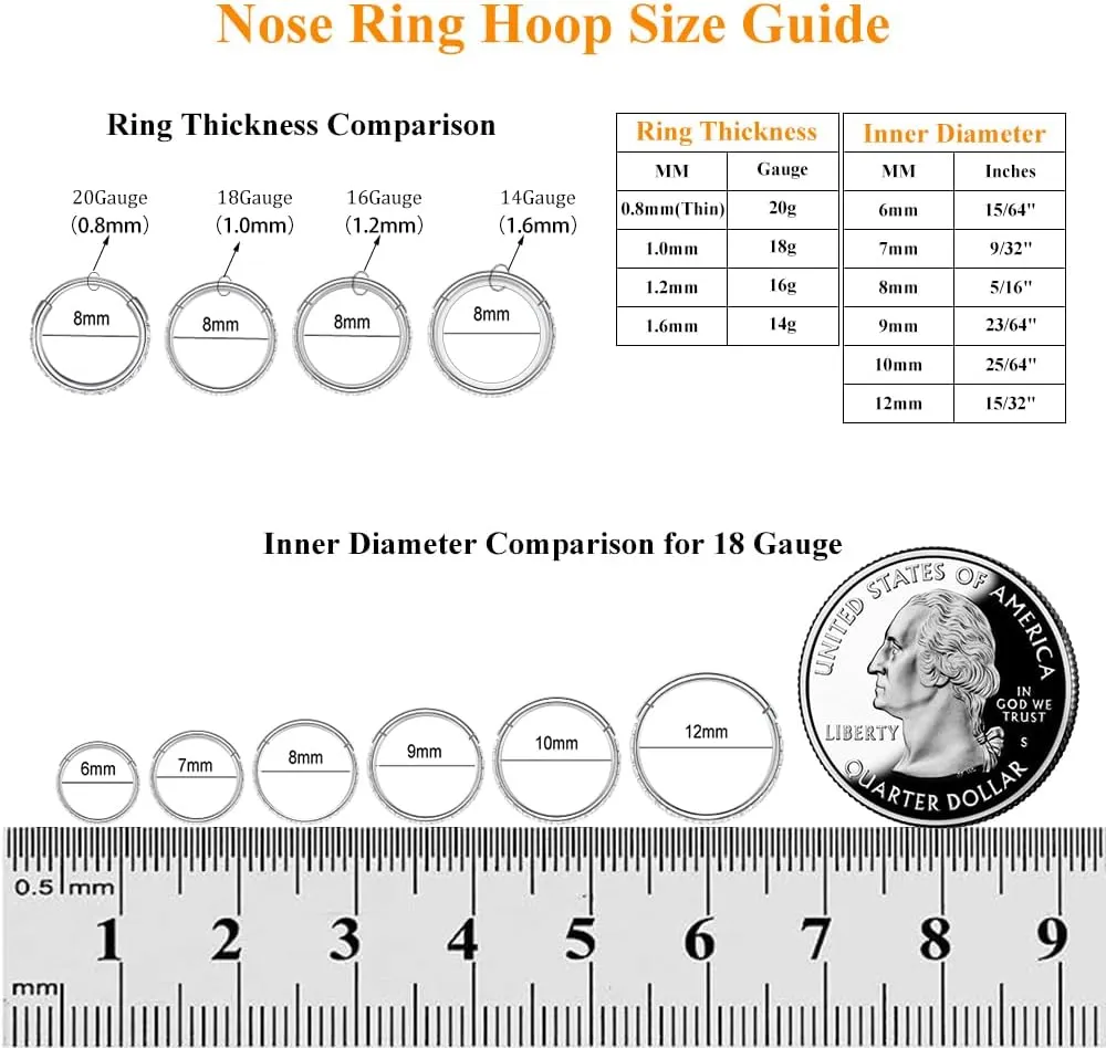 MissNity 20G, 18G, 16G, 14G Hinged Nose Rings Hoop with Gem in 316L Surgical Steel, Septum Clicker Cartilage Earrings Conch Daith Helix Rook Ear Lobe Piercing Jewelry, Diameter 6mm to 12mm