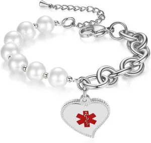 mnmoom Elegant Medical Alert Bracelets for Women with heart medical id charm has Custom Engraved