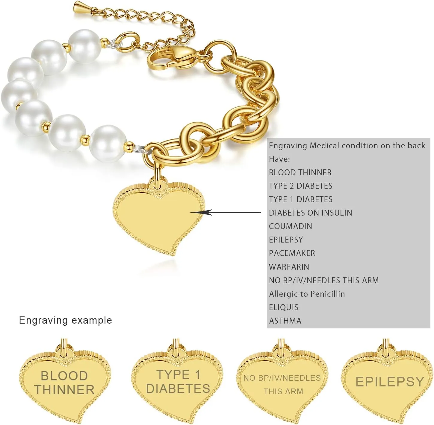 mnmoom Elegant Medical Alert Bracelets for Women with heart medical id charm has Custom Engraved