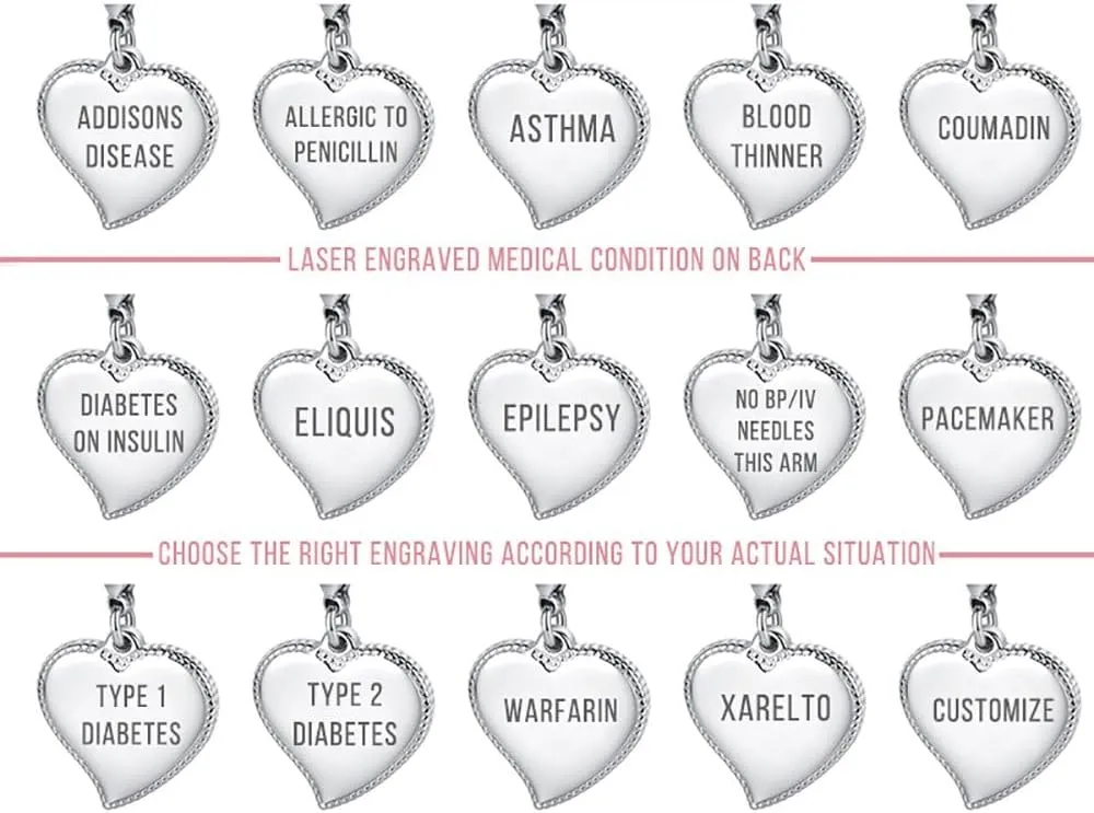 mnmoom Elegant Medical Alert Bracelets for Women with heart medical id charm has Custom Engraved