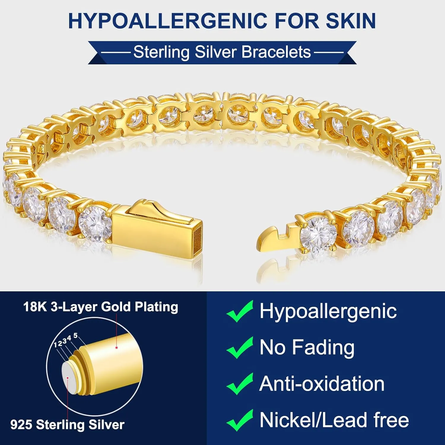 Moissanite Bracelet for Women 2/3/4/5MM Moissanite Tennis Bracelet Men 18K Gold Plated S925 Sterling Silver Bracelets 2.11-21.0CT D Color VVS1 Round Simulated Diamond Bracelets 6-8.5Inch Tennis Chain