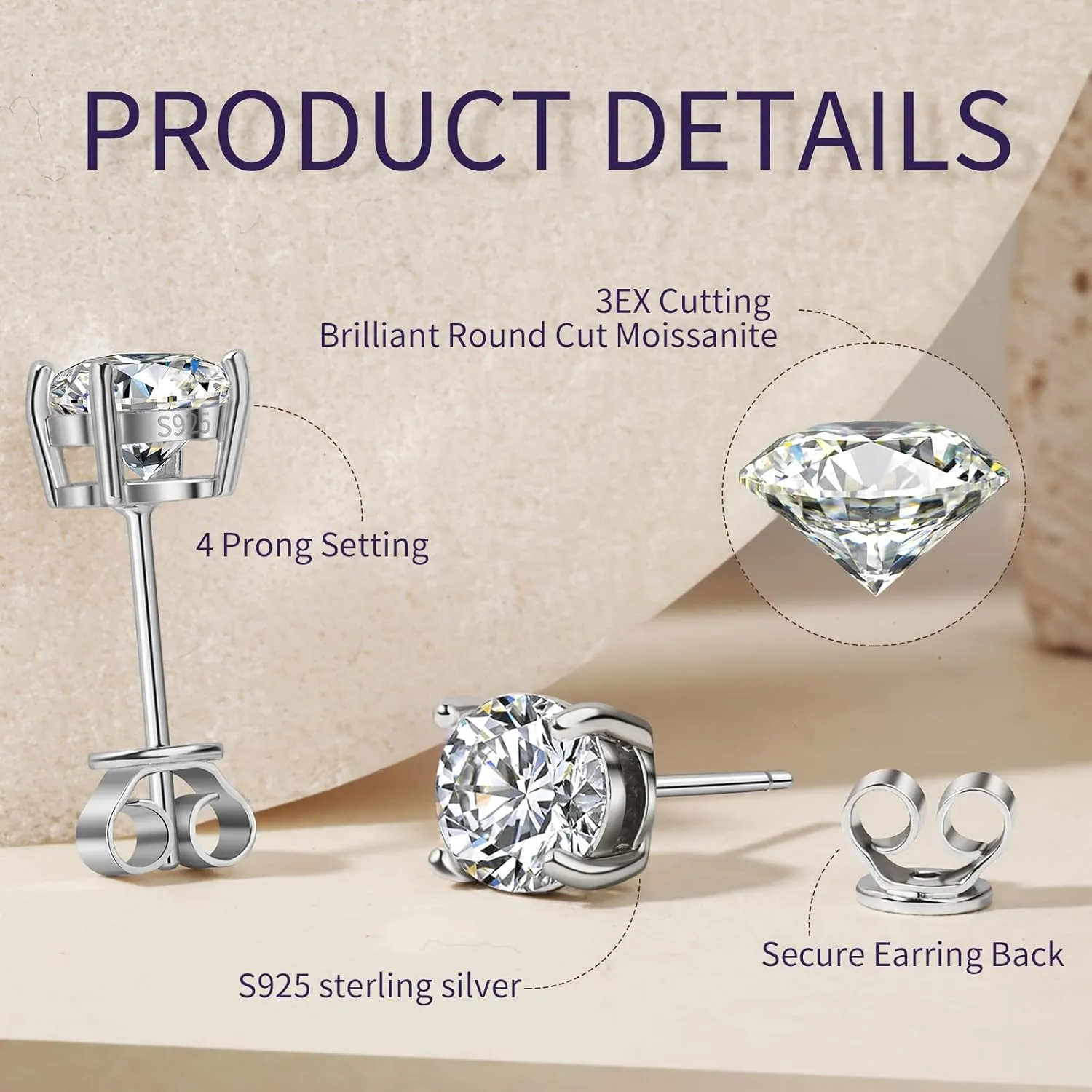 Moissanite Earrings for Women - 0.1 Ct - 1 Ct D Color VVS1 Round Cut Lab Grown Diamond Stud Earrings for Women - 925 Sterling Silver Stud Earrings - Valentines Day Gifts Mothers Day Gifts for Mom Her