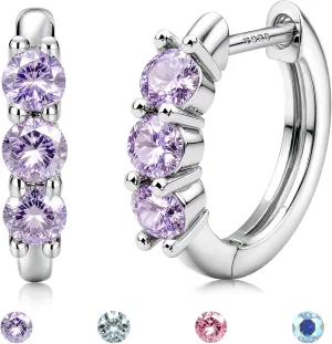 Moissanite Earrings Hoops : 18K White Gold Plated 925 Sterling Silver Earrings Hypoallergenic Small Gold Huggie Hoop Earrings for Women Men Lab Grown Diamond Jewelry Round Cut Purple VVS1