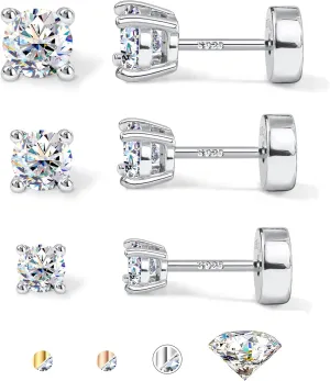 Moissanite Earrings Studs Hypoallergenic 14K Gold Plated Flat Back Earring Sterling Silver Earrings for Women Men - 3 Pairs Earring Set Cartilage Helix Piercing Jewelry D Color VVS1 1.8CT