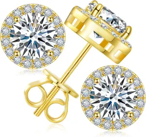 Moissanite Halo Earrings Stud Screw Back 0.2-8.0ct 3-10mm 18K White Gold Plated 925 Sterling Silver Lab Round Cut Brilliant Moissanite Halo Earrings for Women Men