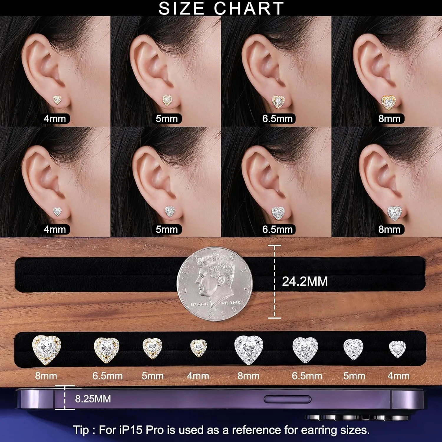 Moissanite Heart Earrings Stud Screw Back 0.3-2.0ct 4-8mm 18K White Gold Plated 925 Sterling Silver Moissanite Halo Stud Earrings for Women