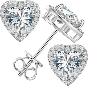 Moissanite Heart Earrings Stud Screw Back 0.3-2.0ct 4-8mm 18K White Gold Plated 925 Sterling Silver Moissanite Halo Stud Earrings for Women