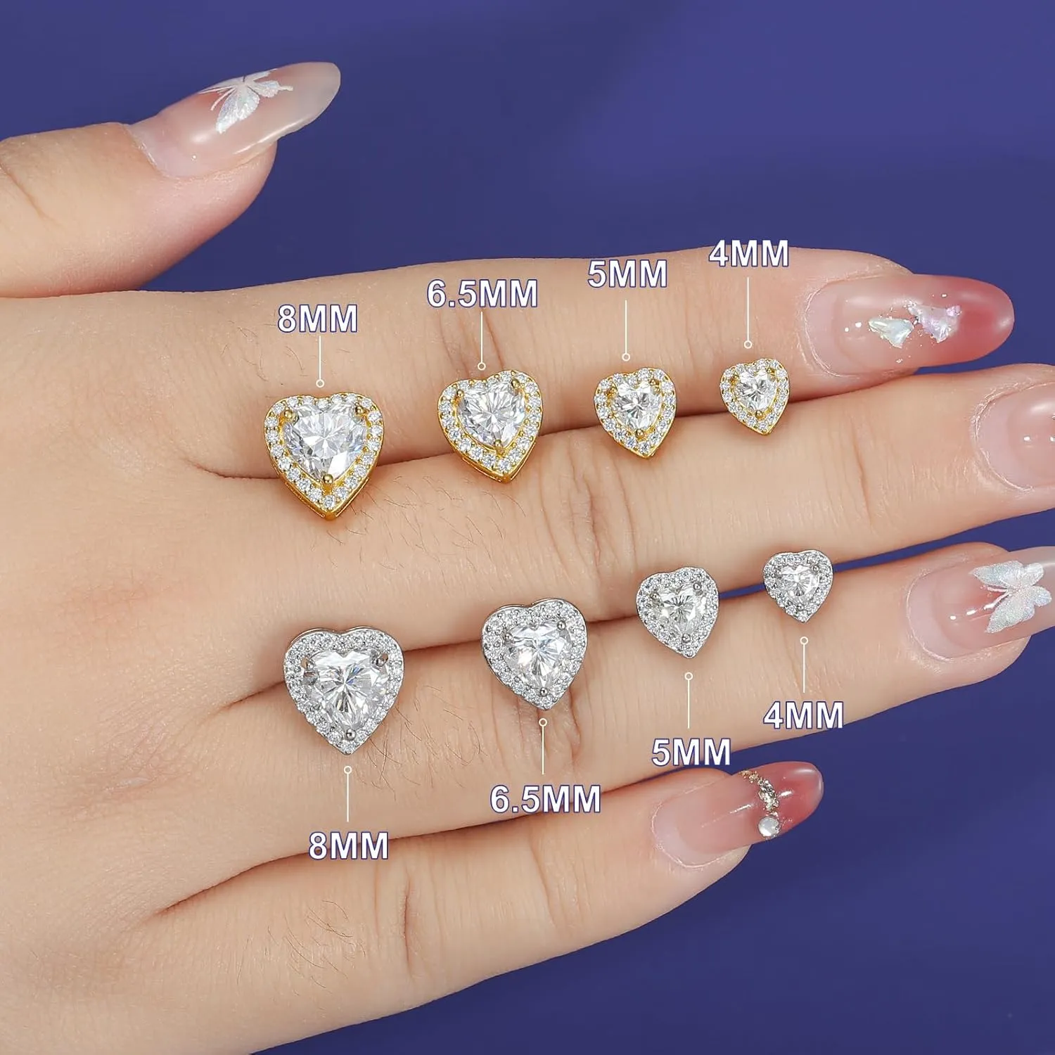 Moissanite Heart Earrings Stud Screw Back 0.3-2.0ct 4-8mm 18K White Gold Plated 925 Sterling Silver Moissanite Halo Stud Earrings for Women