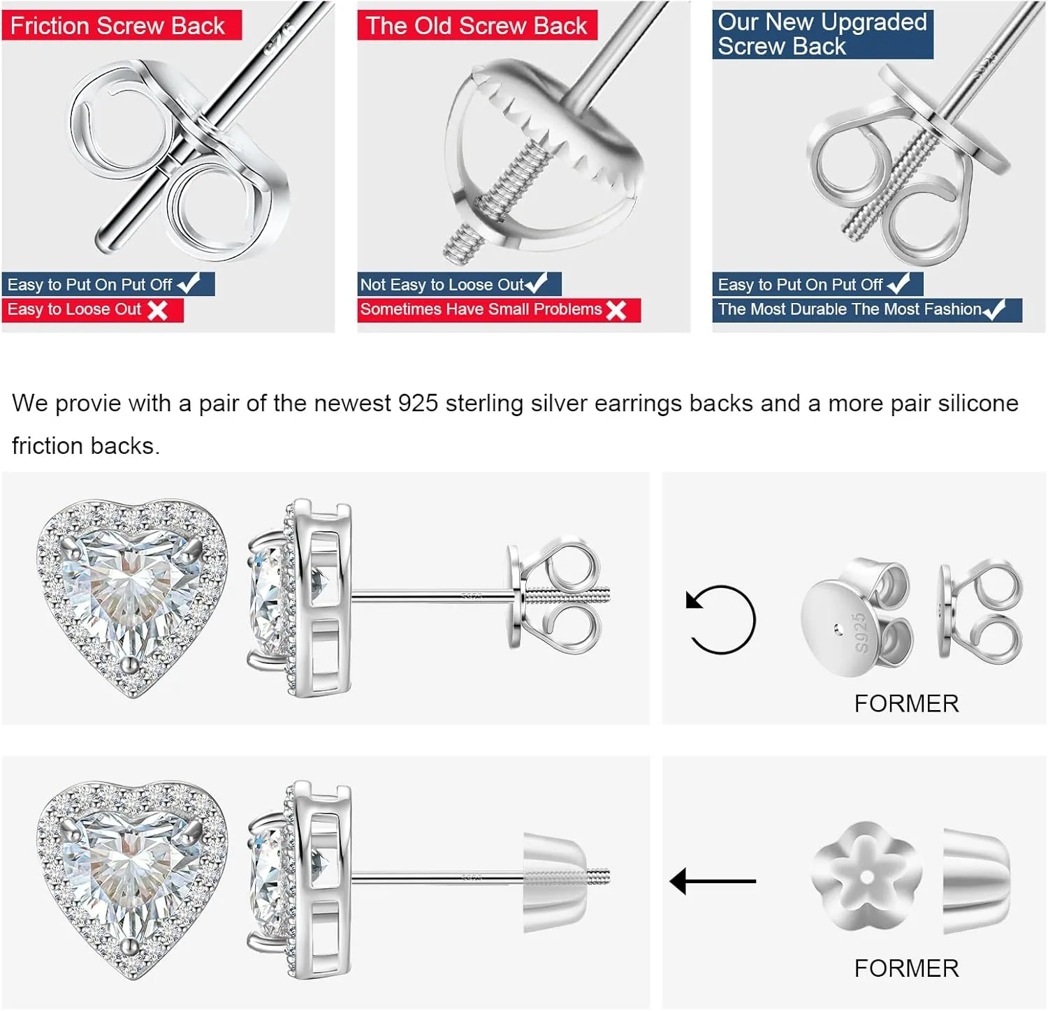 Moissanite Heart Earrings Stud Screw Back 0.3-2.0ct 4-8mm 18K White Gold Plated 925 Sterling Silver Moissanite Halo Stud Earrings for Women