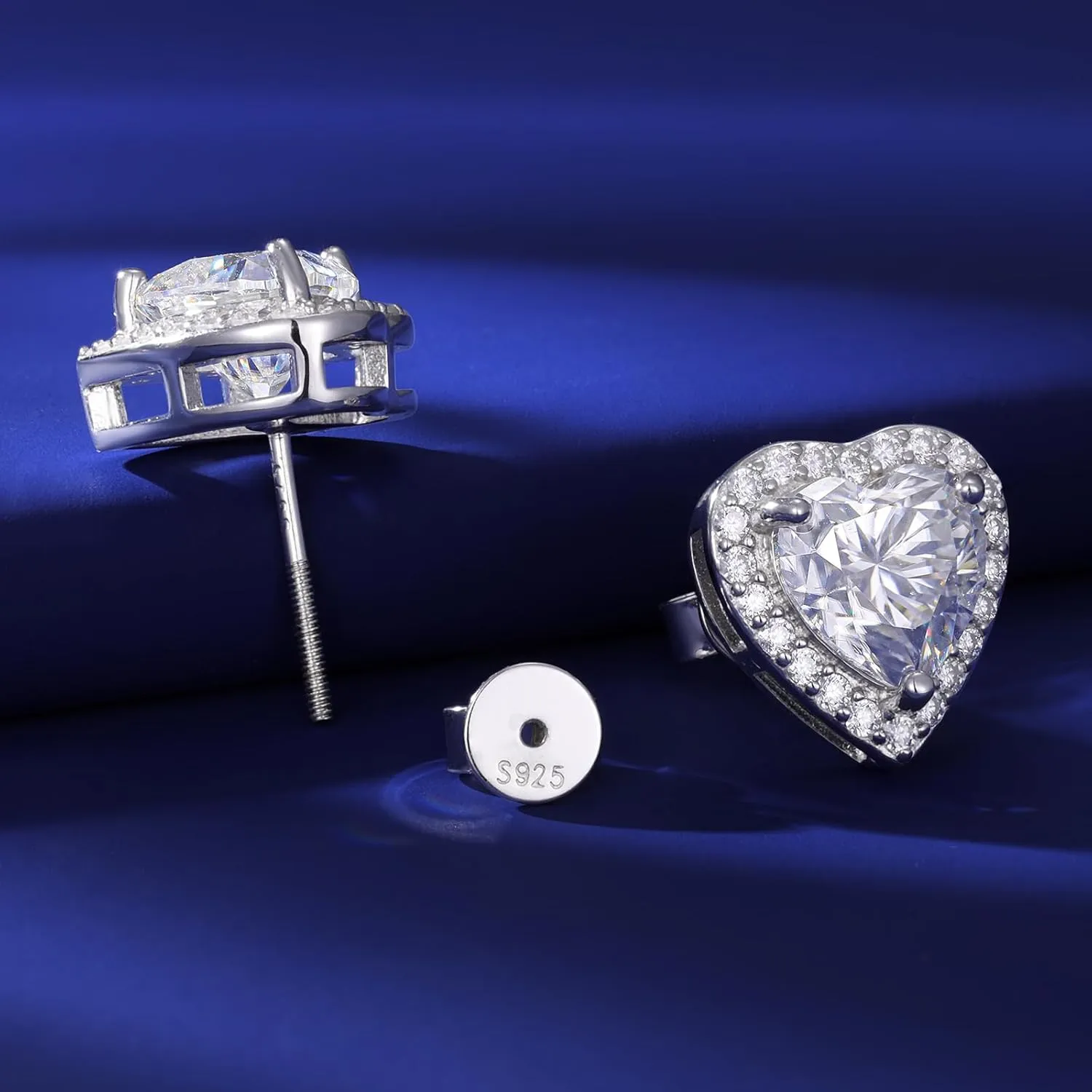 Moissanite Heart Earrings Stud Screw Back 0.3-2.0ct 4-8mm 18K White Gold Plated 925 Sterling Silver Moissanite Halo Stud Earrings for Women
