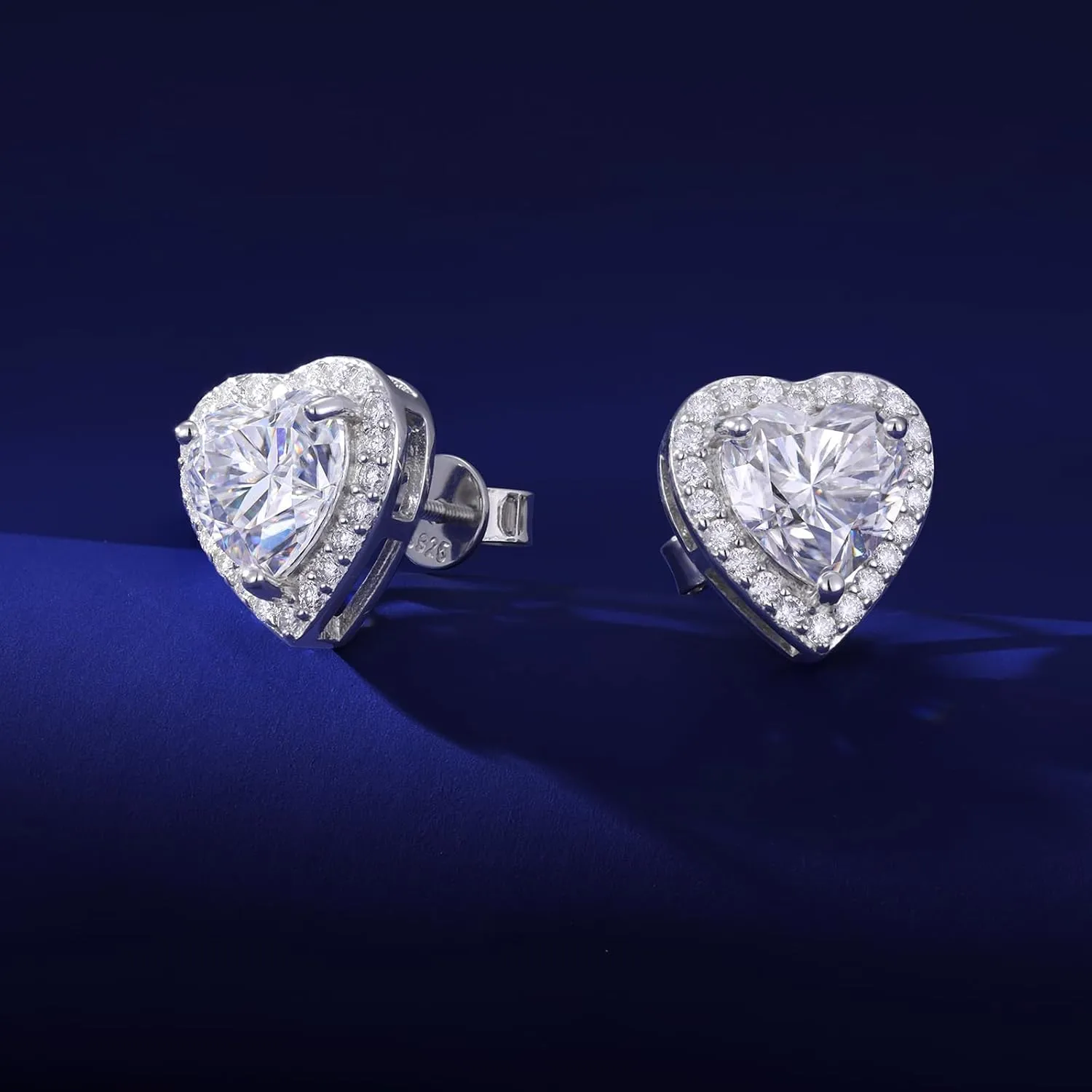 Moissanite Heart Earrings Stud Screw Back 0.3-2.0ct 4-8mm 18K White Gold Plated 925 Sterling Silver Moissanite Halo Stud Earrings for Women