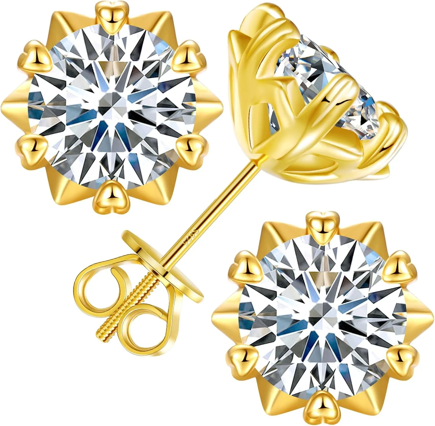 Moissanite Snowflake Stud Earrings Screw Back for Women 0.6-2.0ct 4-8mm 18K White/Gold Plated 925 Sterling Silver D Color VVS1 Clarity Moissanite Heart Earrings