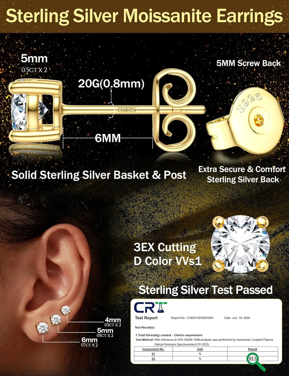 Moissanite Stud Earrings 3 Pairs 14K White Gold Plated Sterling Silver Men's Flat Back Stud Earring Cartilage Helix Piercing D Color Moissanite Earrings Birthday Gifts for Men Women 1.8ct-3.2ct