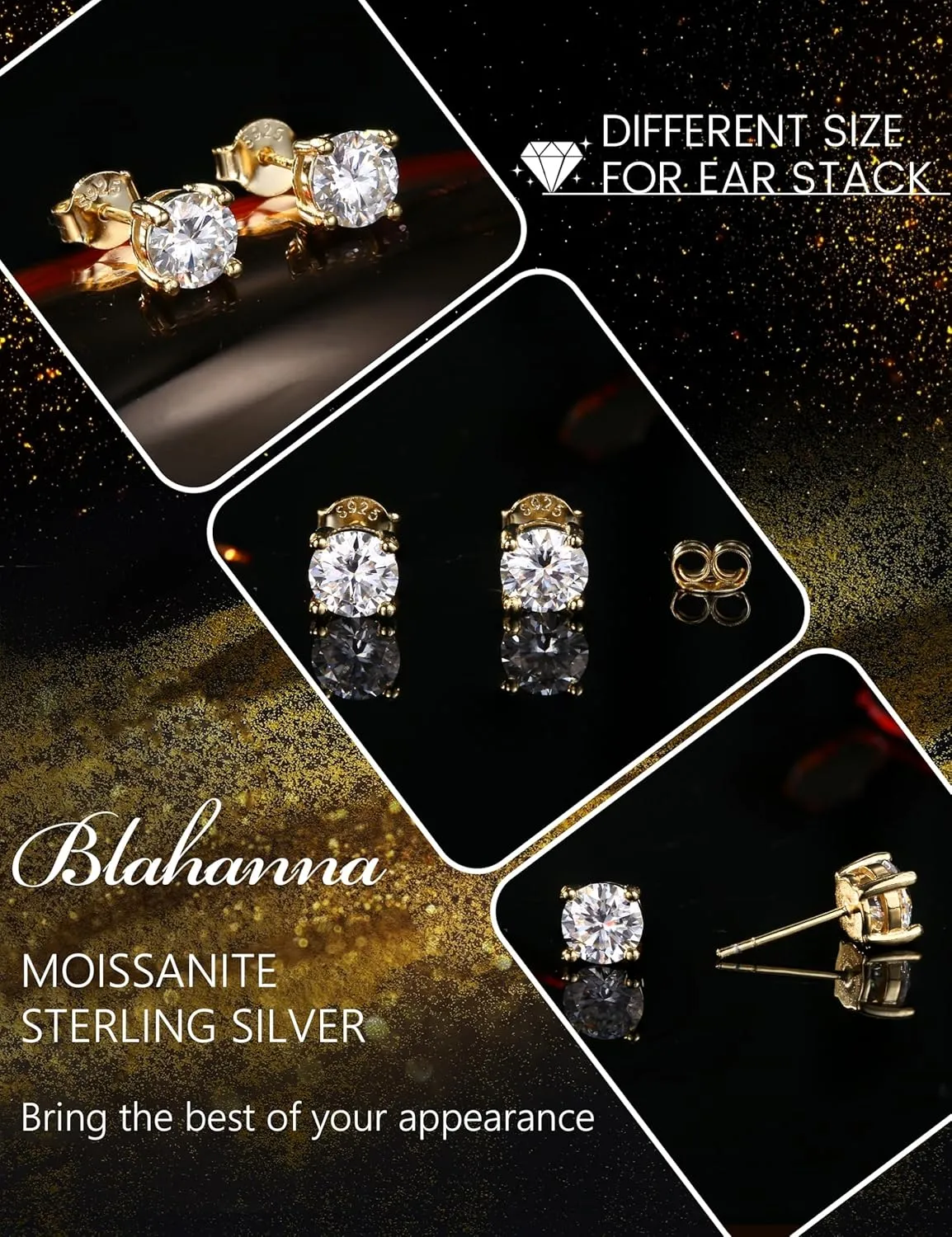 Moissanite Stud Earrings 3 Pairs 14K White Gold Plated Sterling Silver Men's Flat Back Stud Earring Cartilage Helix Piercing D Color Moissanite Earrings Birthday Gifts for Men Women 1.8ct-3.2ct