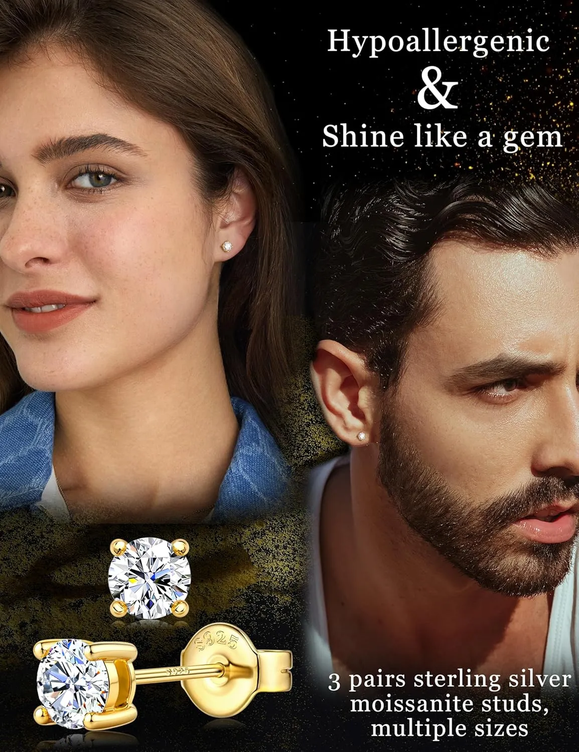 Moissanite Stud Earrings 3 Pairs 14K White Gold Plated Sterling Silver Men's Flat Back Stud Earring Cartilage Helix Piercing D Color Moissanite Earrings Birthday Gifts for Men Women 1.8ct-3.2ct