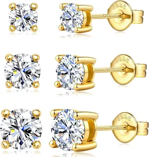 Moissanite Stud Earrings 3 Pairs 14K White Gold Plated Sterling Silver Men's Flat Back Stud Earring Cartilage Helix Piercing D Color Moissanite Earrings Birthday Gifts for Men Women 1.8ct-3.2ct