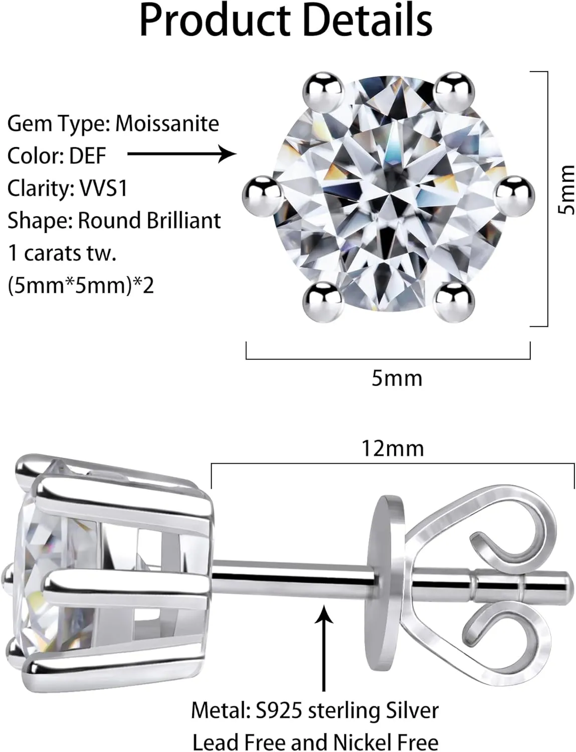 Moissanite Stud Earrings for Women Men, Nickel Free S925 Sterling Silver Hypoallergenic Earrings, 1ct - 2ct D Color VVS1 Clarity Brilliant Round Cut Lab Created Diamond Earring Set Promise Birthday Christmas Gift