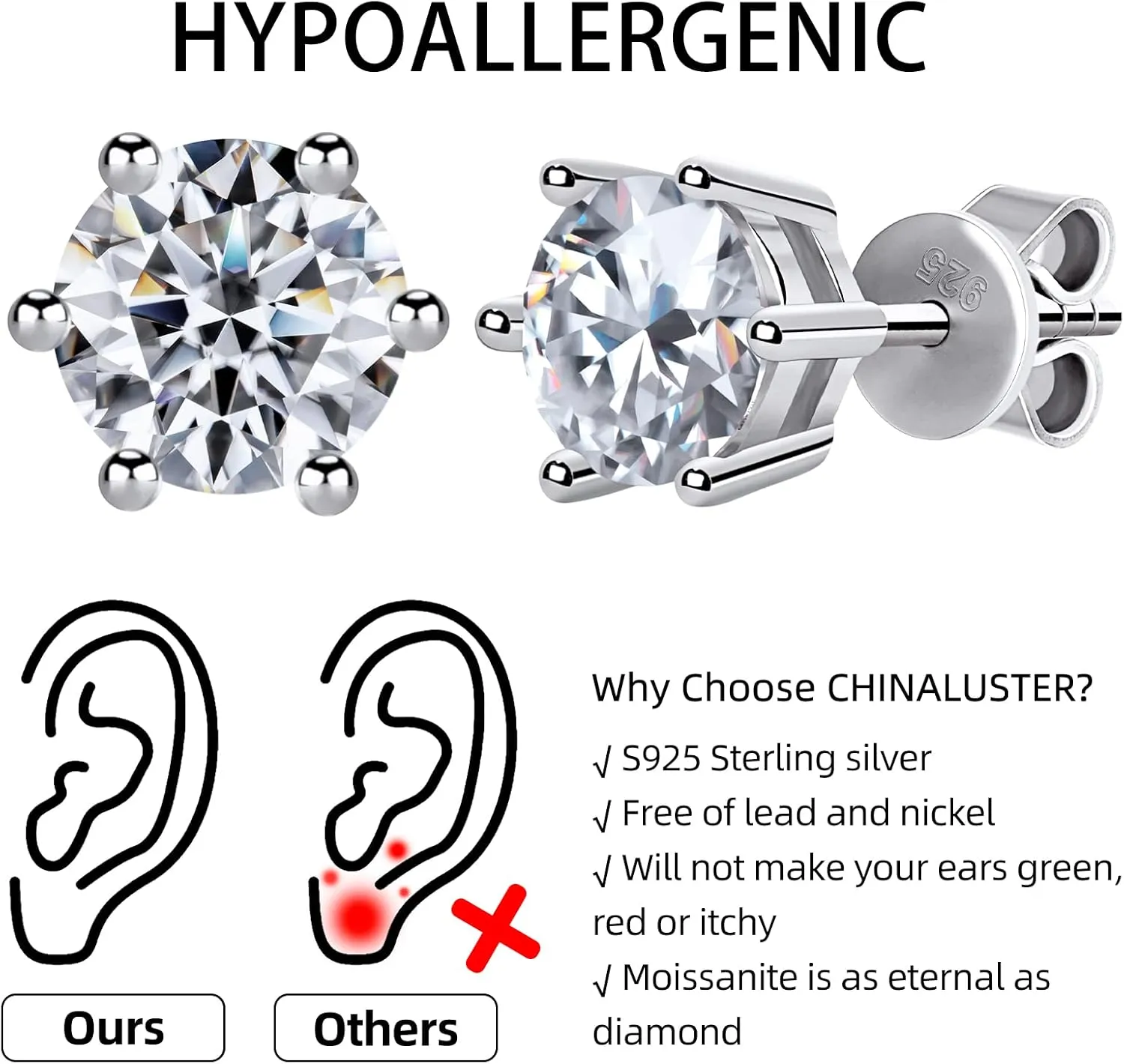 Moissanite Stud Earrings for Women Men, Nickel Free S925 Sterling Silver Hypoallergenic Earrings, 1ct - 2ct D Color VVS1 Clarity Brilliant Round Cut Lab Created Diamond Earring Set Promise Birthday Christmas Gift