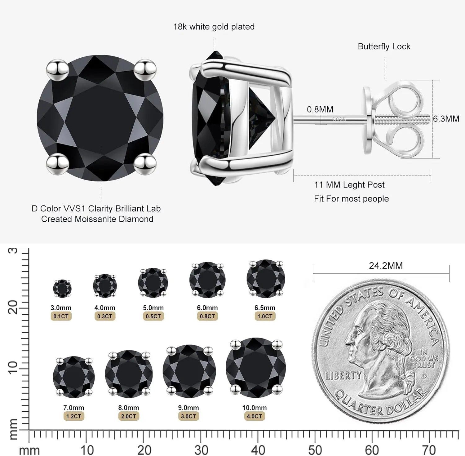 Moissanite Stud Earrings Screw Back 3-10mm 0.2ct-8.0ct 18K White Yellow Rose Gold Plated S925 Sterling Silver Round Cut D Color VVS1 Lab Created Moissanite Earrings for Women Men