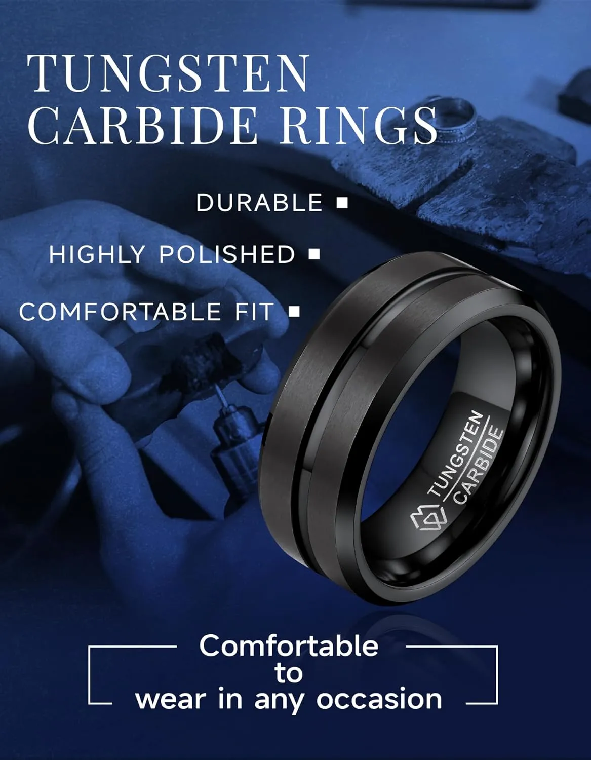 MomentWish 8mm Tungsten Wedding Rings, Anniversary Day Gift for Him, Moissanite Engagement Ring for Men, Silver/Black Tungsten Eternity Band
