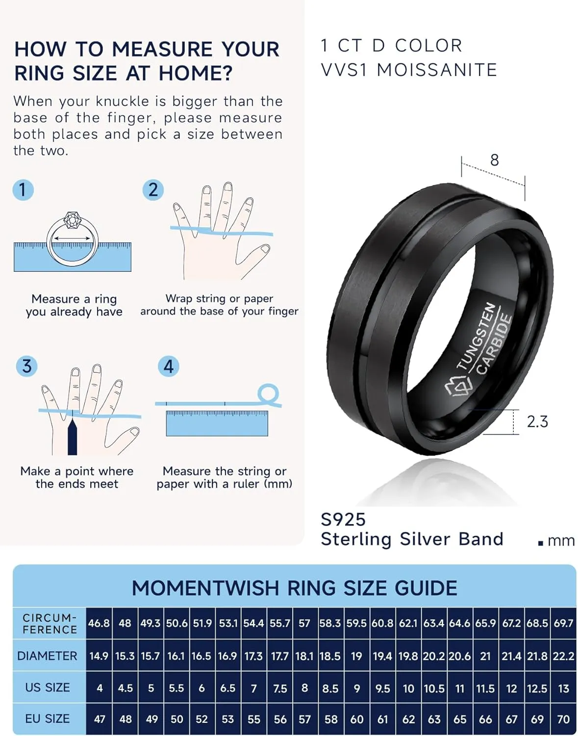 MomentWish 8mm Tungsten Wedding Rings, Anniversary Day Gift for Him, Moissanite Engagement Ring for Men, Silver/Black Tungsten Eternity Band