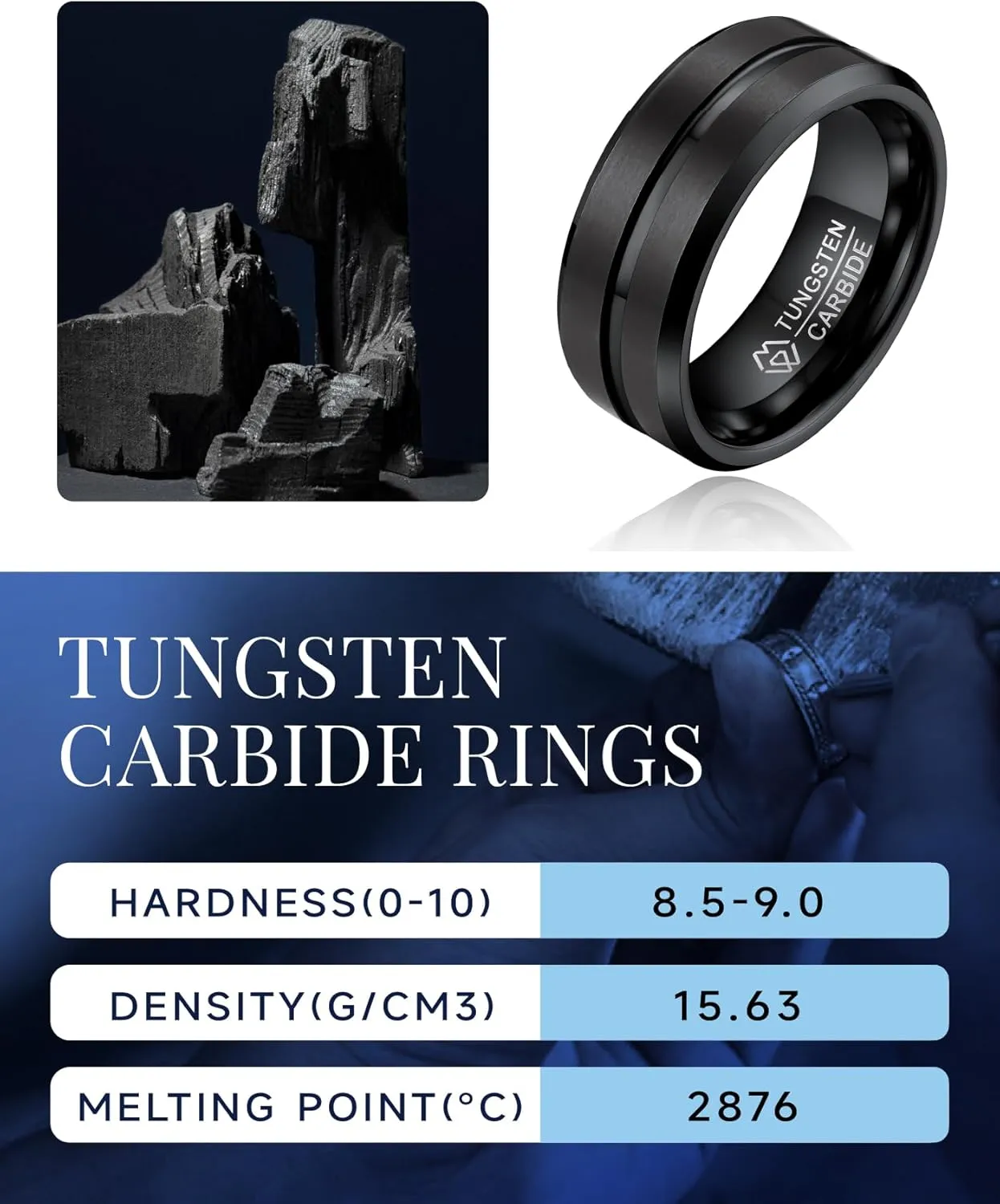 MomentWish 8mm Tungsten Wedding Rings, Anniversary Day Gift for Him, Moissanite Engagement Ring for Men, Silver/Black Tungsten Eternity Band