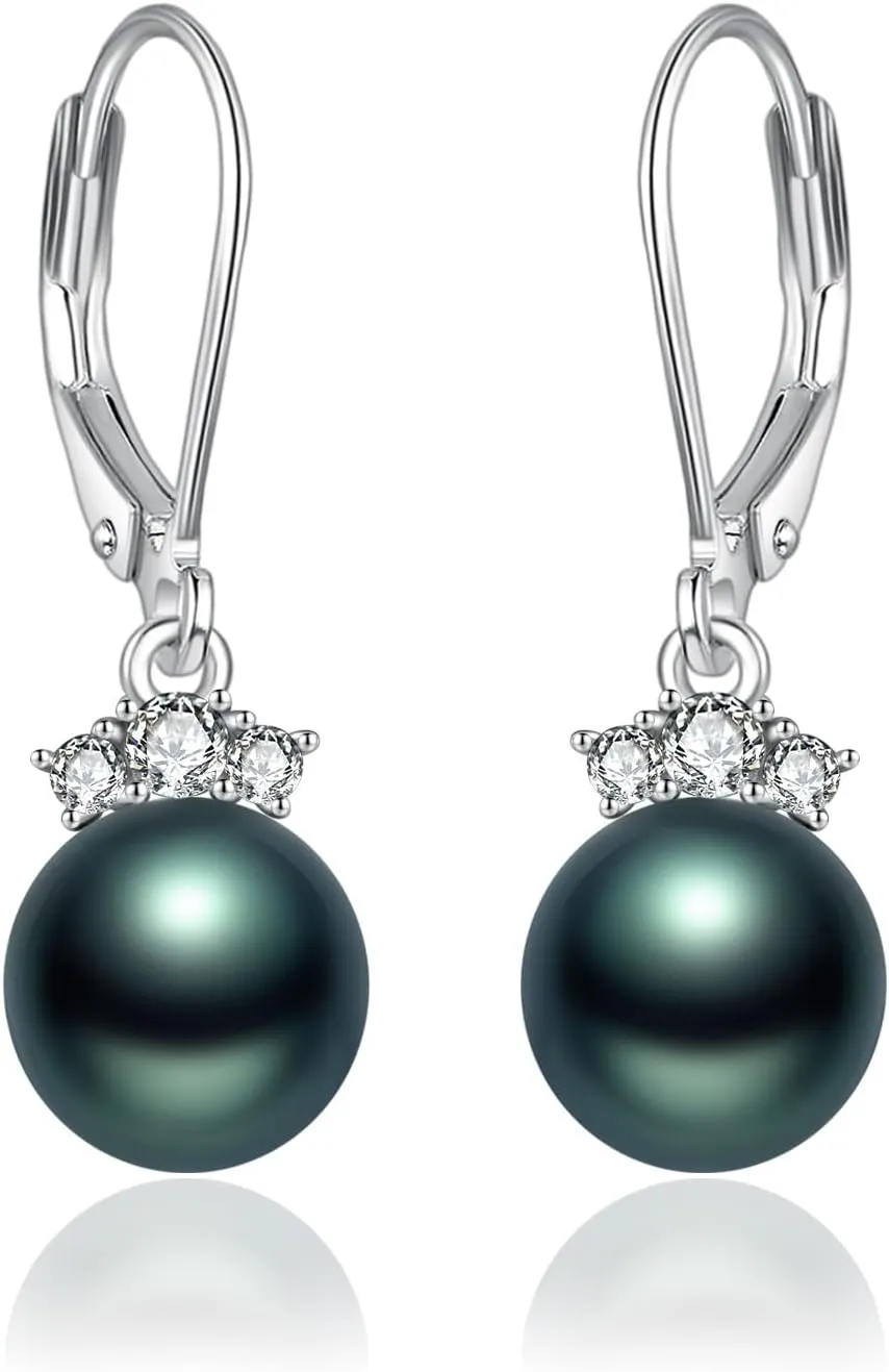 Mom's Birthday gift Black Pearl Crown Earring 925 Sterling Silver Love Heart Earring Tahitian Black Pearl Jewelry Birthday Present Gifts for Women Mother Wife