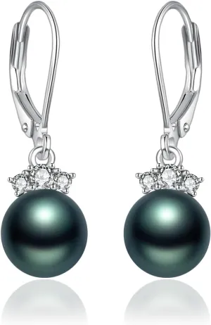 Mom's Birthday gift Black Pearl Crown Earring 925 Sterling Silver Love Heart Earring Tahitian Black Pearl Jewelry Birthday Present Gifts for Women Mother Wife