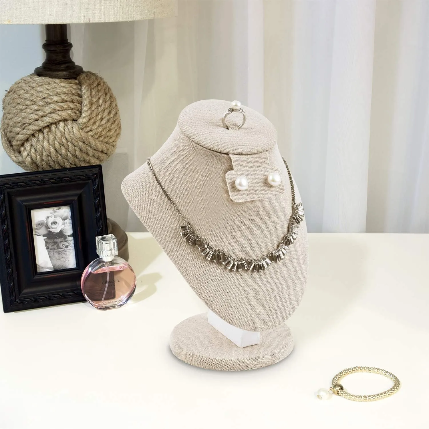MOOCA Linen Covered Wood Jewelry Display Necklace Chain Jewelry Bust Stand, Necklace Display Mannequin Bust, 8 7/8" in Height, Tan Linen