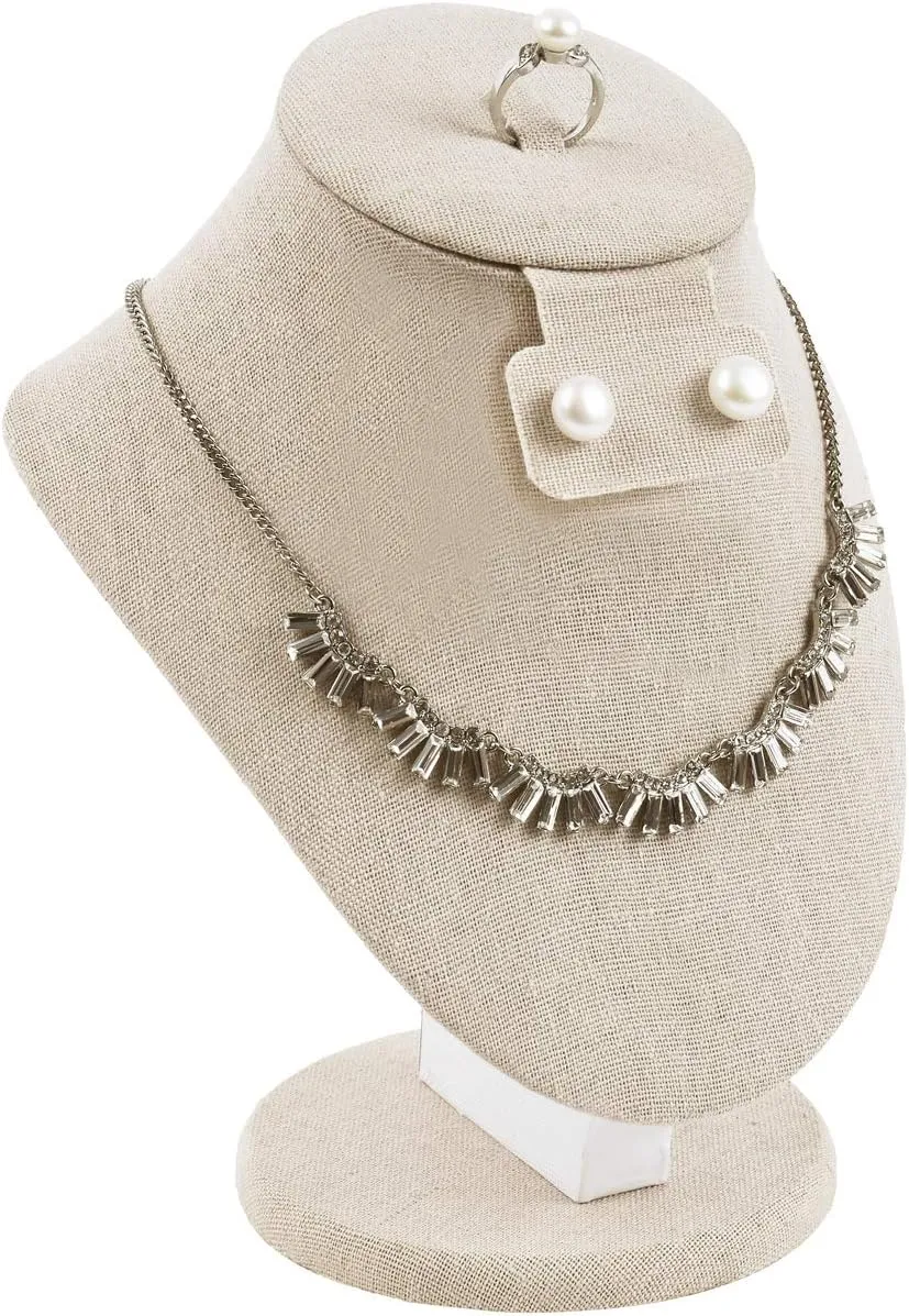 MOOCA Linen Covered Wood Jewelry Display Necklace Chain Jewelry Bust Stand, Necklace Display Mannequin Bust, 8 7/8" in Height, Tan Linen