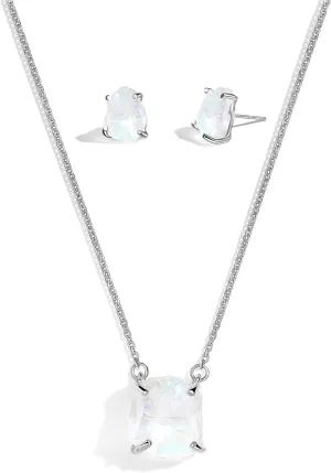 Moon Magic - Authentic Moonstone Earrings and Necklace Gift Set/Real 925 Sterling Silver - 18K Rose Gold Raw Crystal Moonstone Studs & Necklace for Women