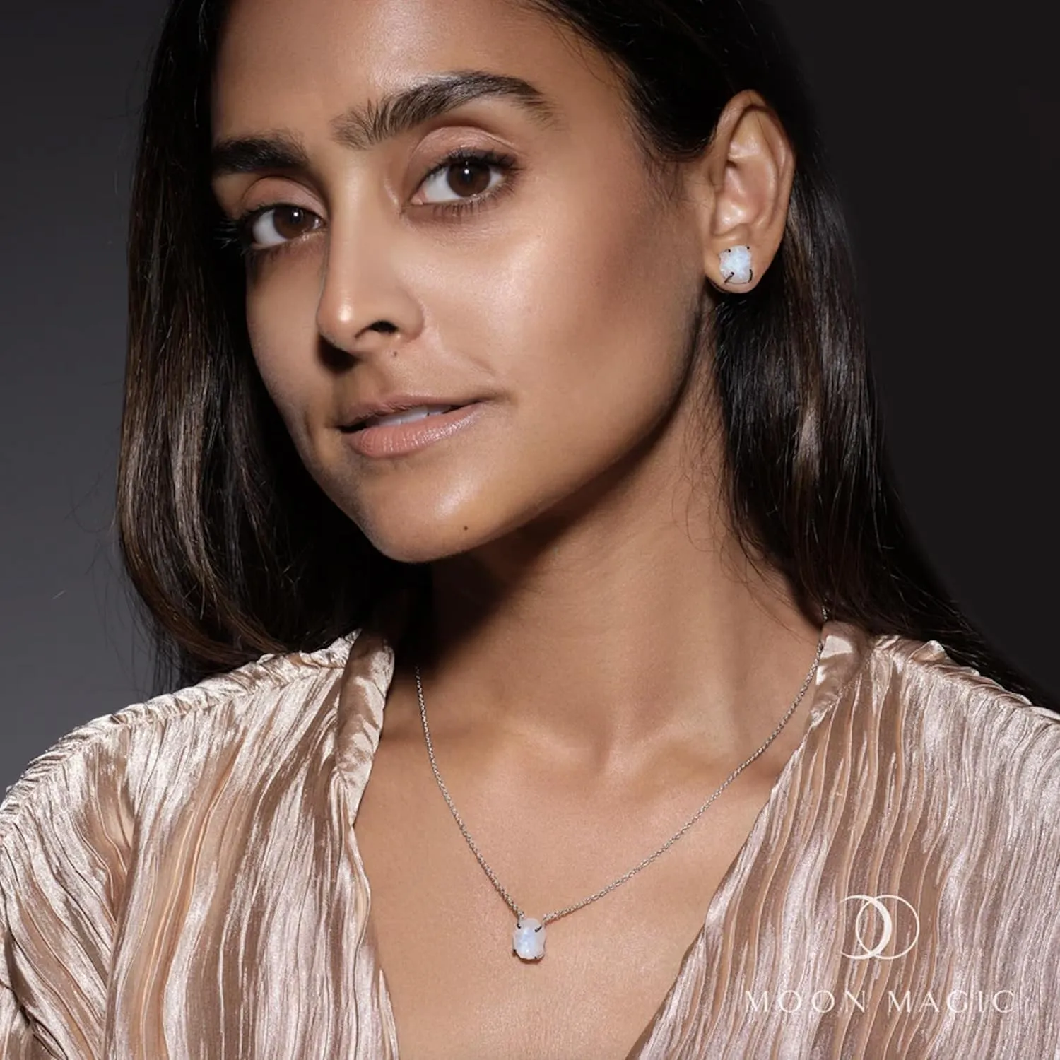 Moon Magic - Authentic Moonstone Earrings and Necklace Gift Set/Real 925 Sterling Silver - 18K Rose Gold Raw Crystal Moonstone Studs & Necklace for Women