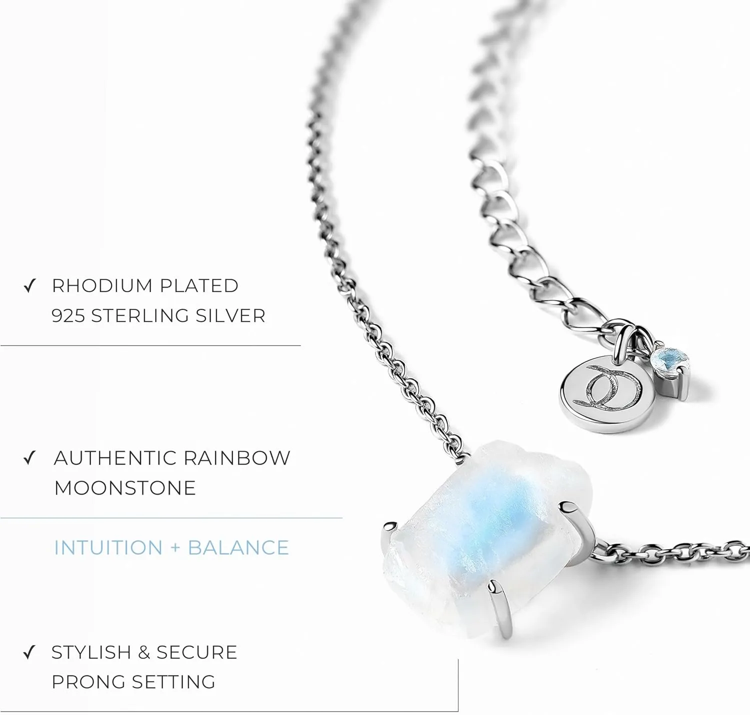 Moon Magic - Authentic Moonstone Earrings and Necklace Gift Set/Real 925 Sterling Silver - 18K Rose Gold Raw Crystal Moonstone Studs & Necklace for Women