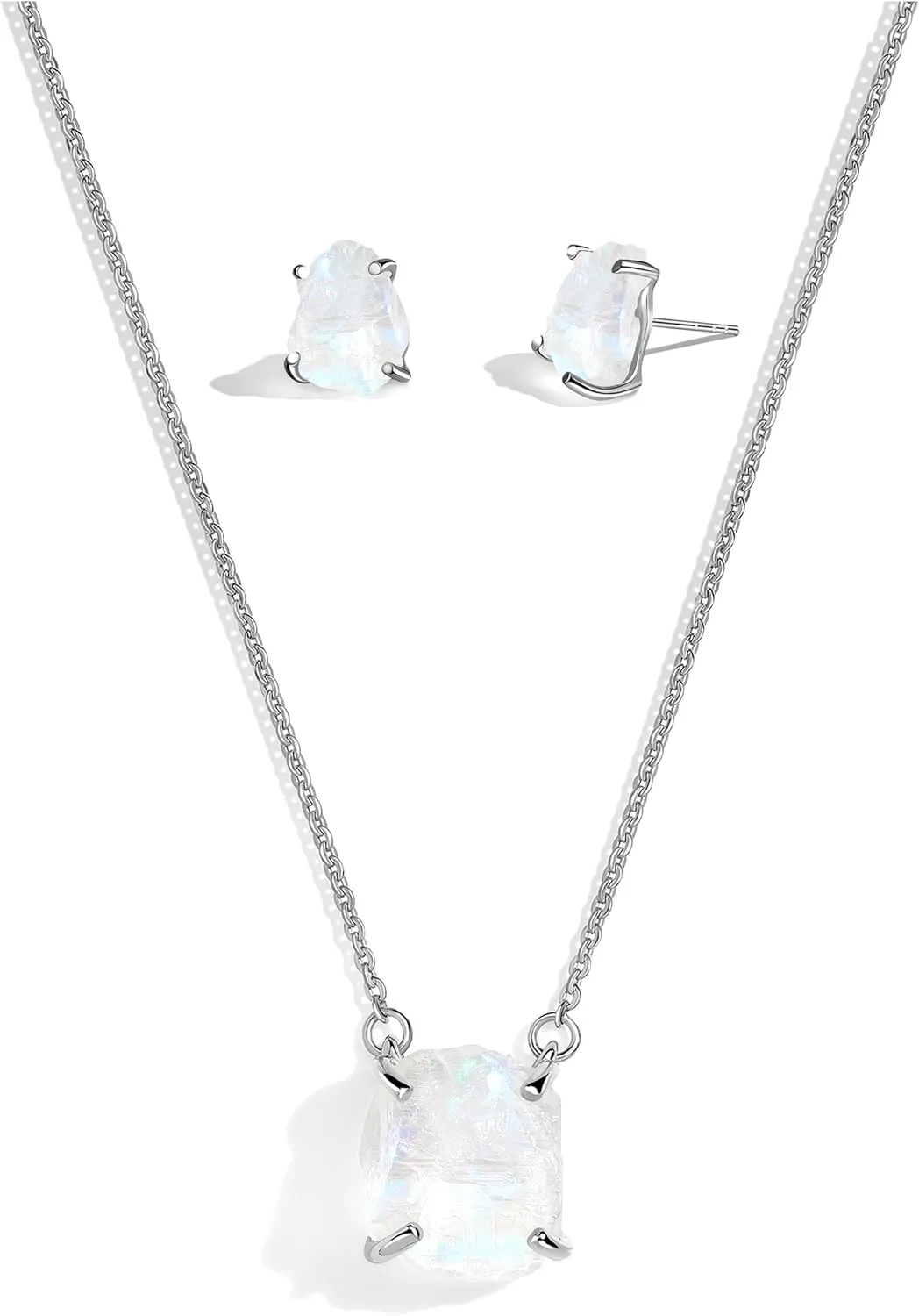 Moon Magic - Authentic Moonstone Earrings and Necklace Gift Set/Real 925 Sterling Silver - 18K Rose Gold Raw Crystal Moonstone Studs & Necklace for Women