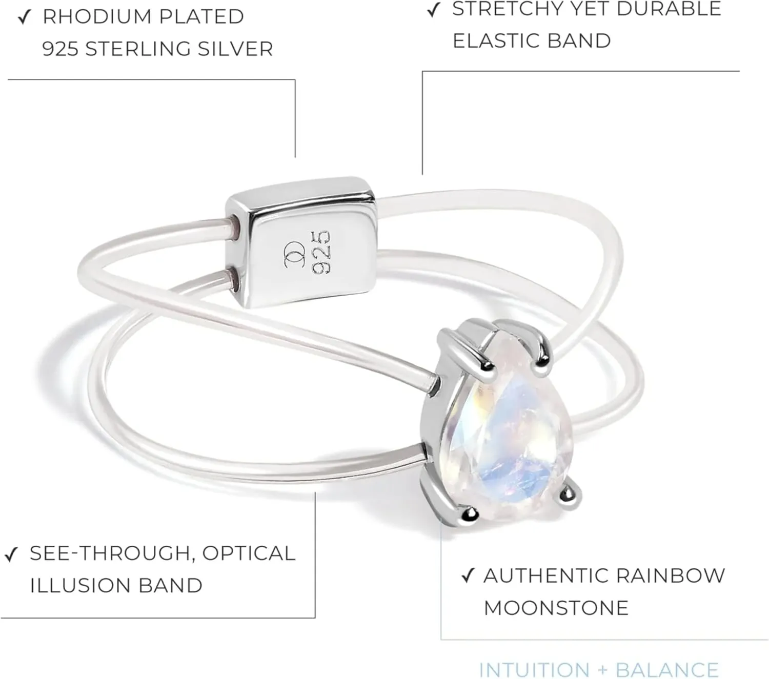 Moon Magic - Authentic Rainbow Moonstone Floating Gemstone Ring with Stretchy Invisible Band/ 925 Sterling Silver - 18K Rose and Yellow Gold Natural June Birthstone Rings for Women/Genuine Jewelry