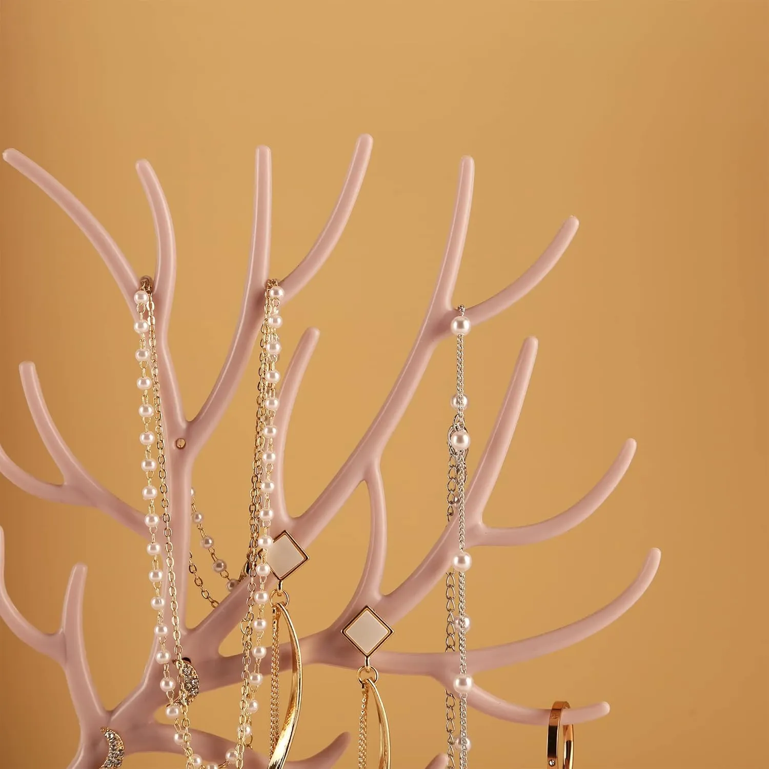 MORE&LESS Antlers Jewelry Display Stand with Aluminium alloy handle, Tree Tower Rack Hanging Organizer for Ring Earrings Necklace Bracelet, Deer Horn Tree Stand with Storage Drawer and Tray
