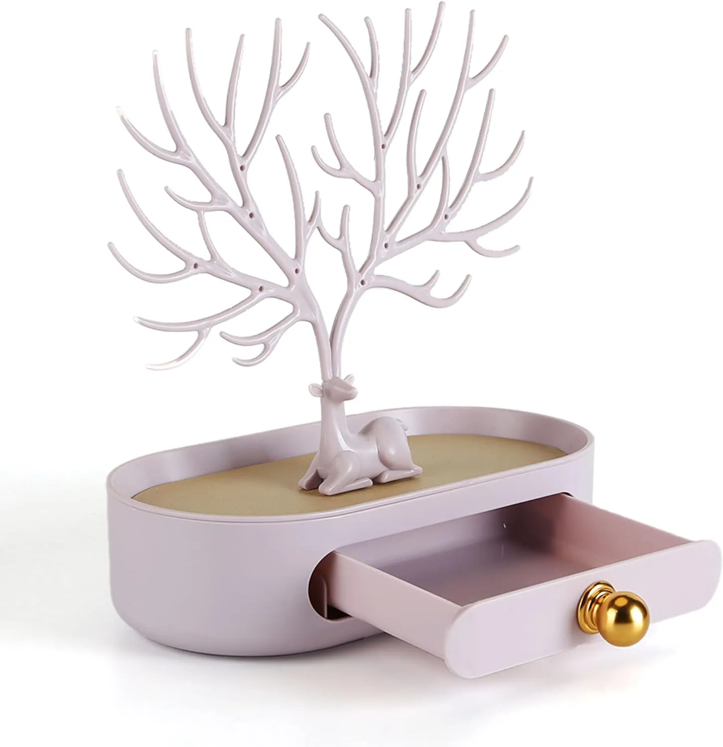 MORE&LESS Antlers Jewelry Display Stand with Aluminium alloy handle, Tree Tower Rack Hanging Organizer for Ring Earrings Necklace Bracelet, Deer Horn Tree Stand with Storage Drawer and Tray