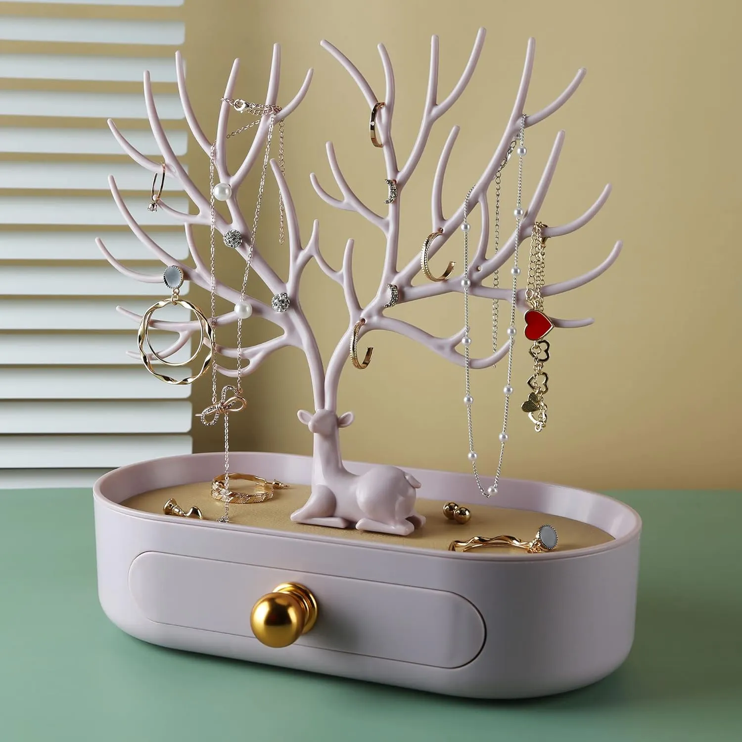 MORE&LESS Antlers Jewelry Display Stand with Aluminium alloy handle, Tree Tower Rack Hanging Organizer for Ring Earrings Necklace Bracelet, Deer Horn Tree Stand with Storage Drawer and Tray