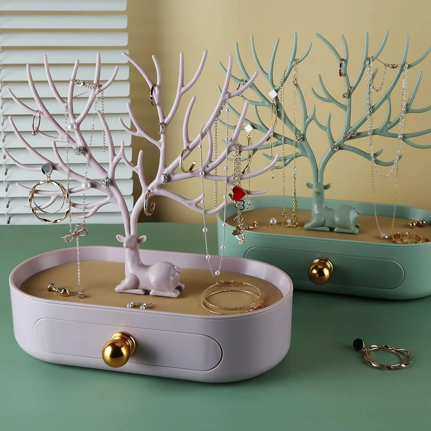 MORE&LESS Antlers Jewelry Display Stand with Aluminium alloy handle, Tree Tower Rack Hanging Organizer for Ring Earrings Necklace Bracelet, Deer Horn Tree Stand with Storage Drawer and Tray