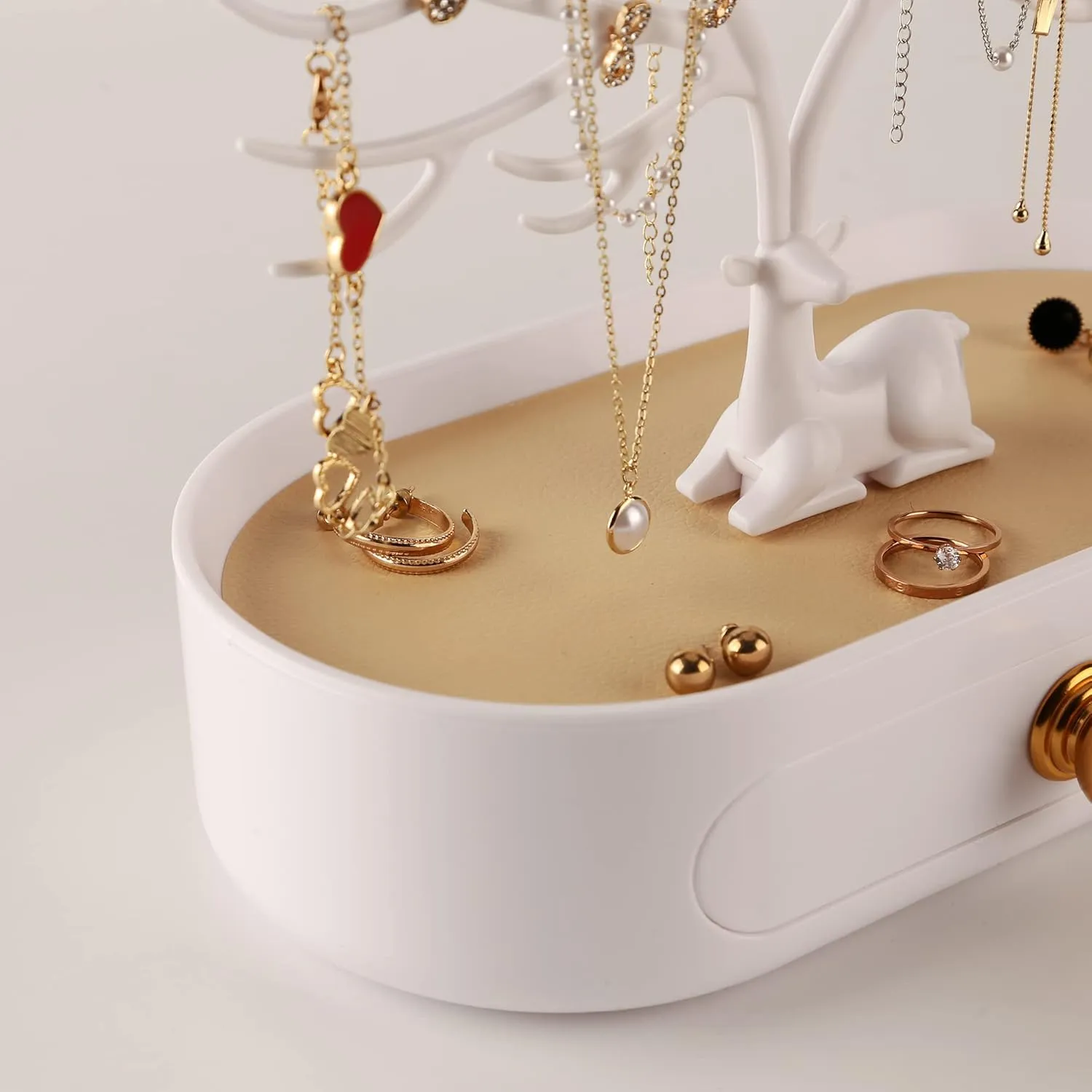 MORE&LESS Antlers Jewelry Display Stand with Aluminium alloy handle, Tree Tower Rack Hanging Organizer for Ring Earrings Necklace Bracelet, Deer Horn Tree Stand with Storage Drawer and Tray