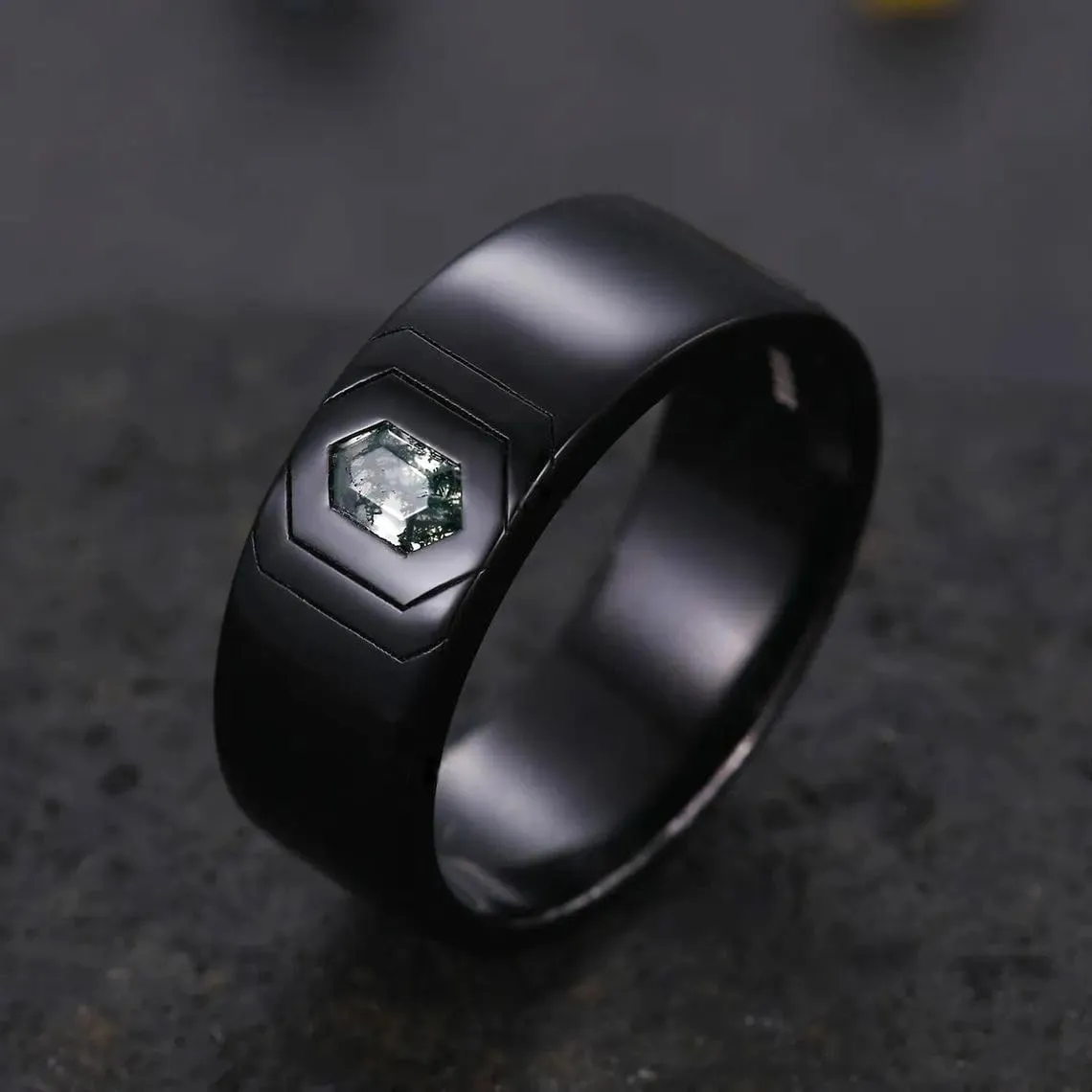 Moss Agate Ring Men Sterling Silver Custom Engraving Text Men's Wedding Rings Promise Ring Moss Agate Jewelry Gifts for Anniversary/Wedding/Engagement