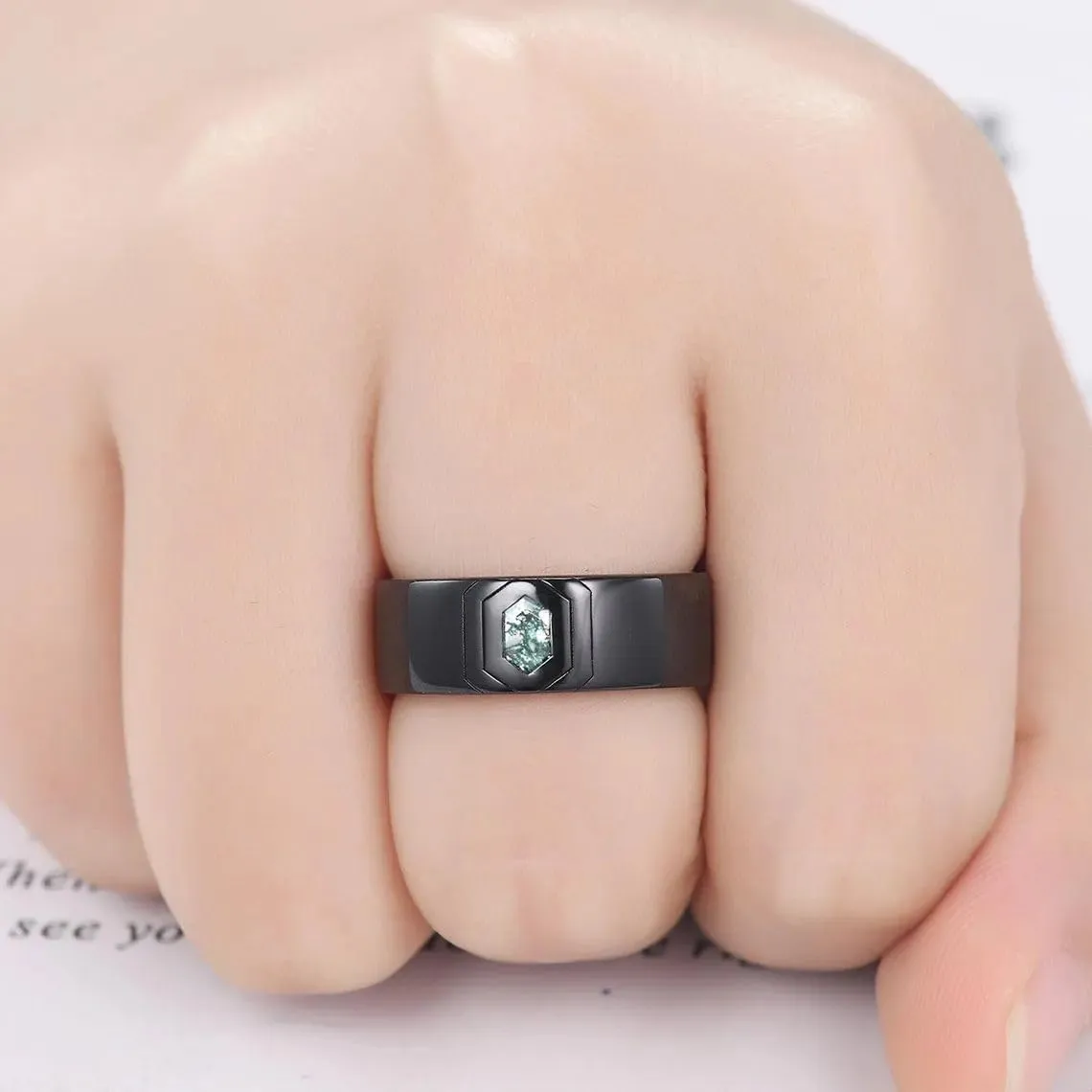 Moss Agate Ring Men Sterling Silver Custom Engraving Text Men's Wedding Rings Promise Ring Moss Agate Jewelry Gifts for Anniversary/Wedding/Engagement