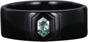 Moss Agate Ring Men Sterling Silver Custom Engraving Text Men's Wedding Rings Promise Ring Moss Agate Jewelry Gifts for Anniversary/Wedding/Engagement