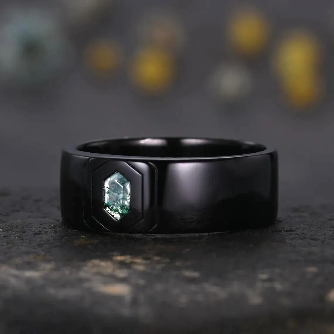 Moss Agate Ring Men Sterling Silver Custom Engraving Text Men's Wedding Rings Promise Ring Moss Agate Jewelry Gifts for Anniversary/Wedding/Engagement