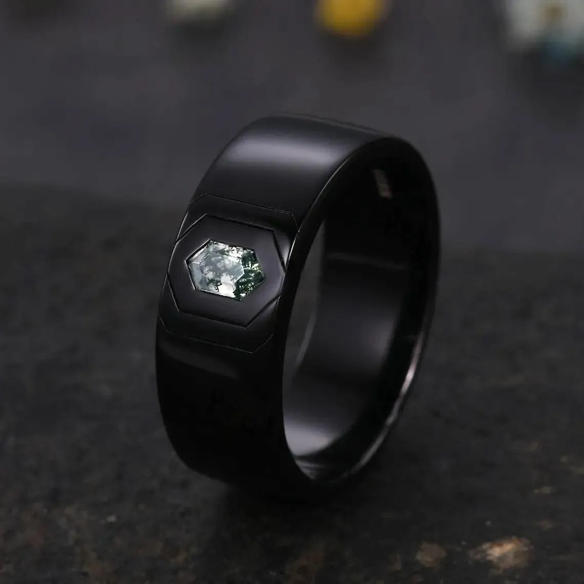 Moss Agate Ring Men Sterling Silver Custom Engraving Text Men's Wedding Rings Promise Ring Moss Agate Jewelry Gifts for Anniversary/Wedding/Engagement