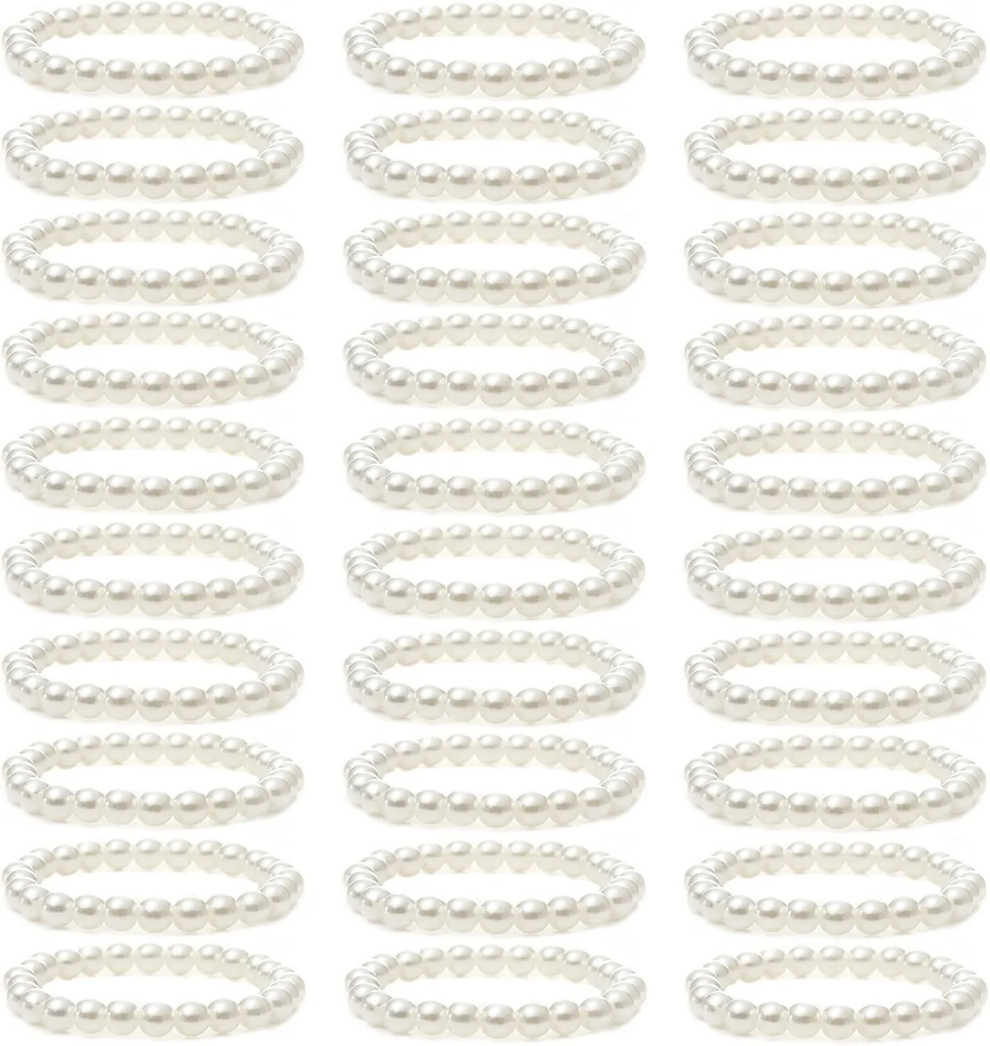 MOZAKA 30 Pieces 6mm/8mm Faux White Pearl Bracelets for Women Stackable Stretch Beaded Bracelets Simulated Pearl Bracelet Set for Bridesmaid Bridal Wedding Party Jewelry
