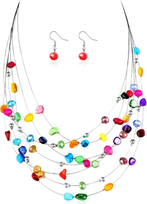 Multi Layered Shell Illusion Necklace Earring Set Colorful Chunky Beads Necklace for Women Gifts