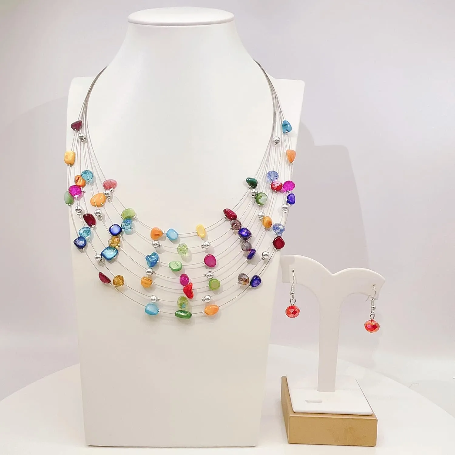 Multi Layered Shell Illusion Necklace Earring Set Colorful Chunky Beads Necklace for Women Gifts