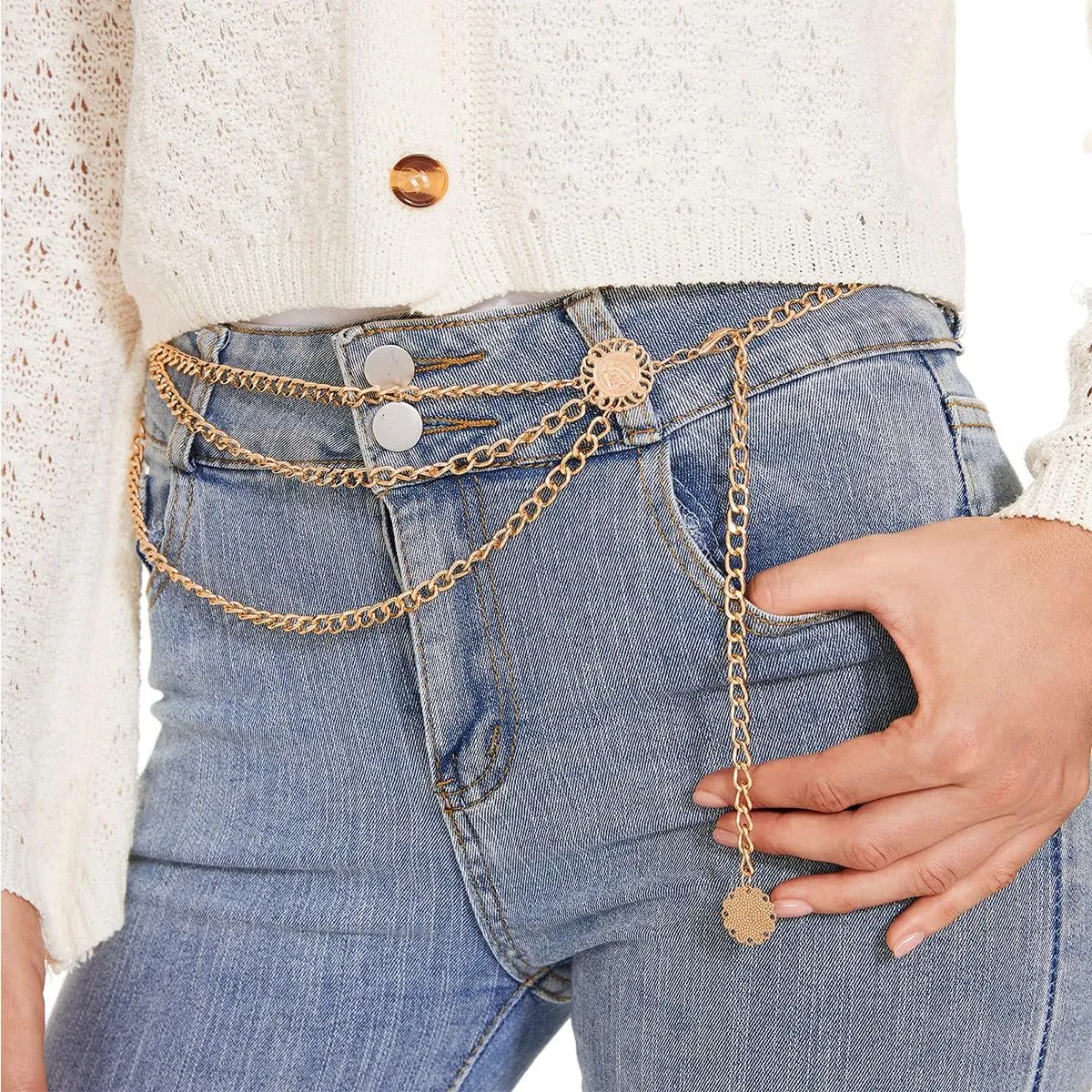 Multilayer Metal Waist Chain Belt for Women, Adjustable Women Long Belt Body Belly Jewelry for Dresses Jeans Trousers